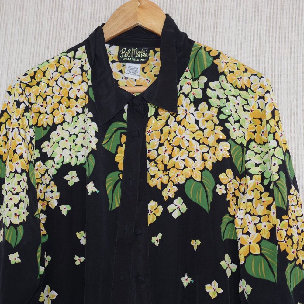 Bob Mackie Vtg. Black Yellow Flower Silk Vintage Long Sleeve Button Beaded Top L - Picture 7 of 7
